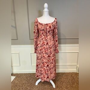 Lush floral tiered dress Medium maxi peach pink bohemian long sleeve ruched